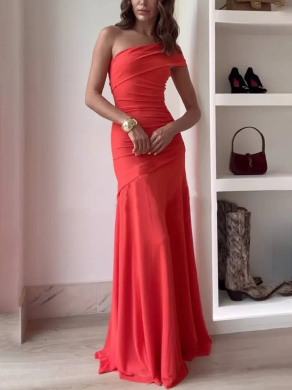 Pink one-shoulder ruched asymmetrical maxi dress for women, ideal as an elegant party or formal evening gown.