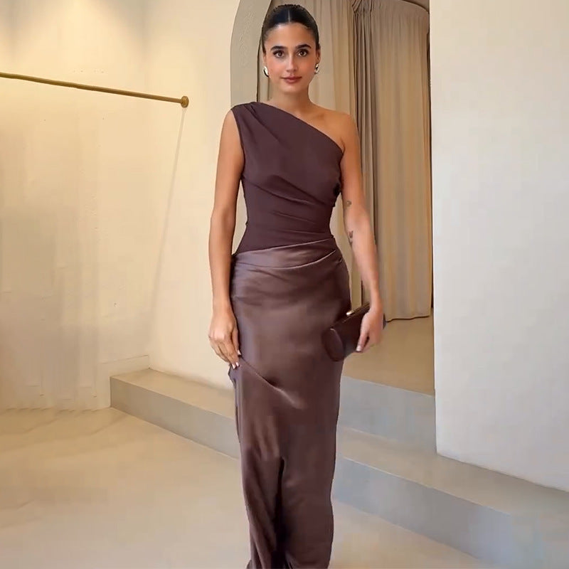 Elegant women's one-shoulder ruched maxi dress, perfect as a formal wedding guest gown or evening wear.