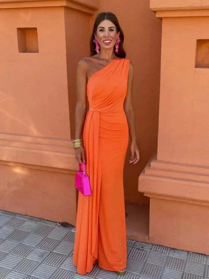 Elegant women's one-shoulder ruched maxi dress, perfect for wedding guests or formal evening events.