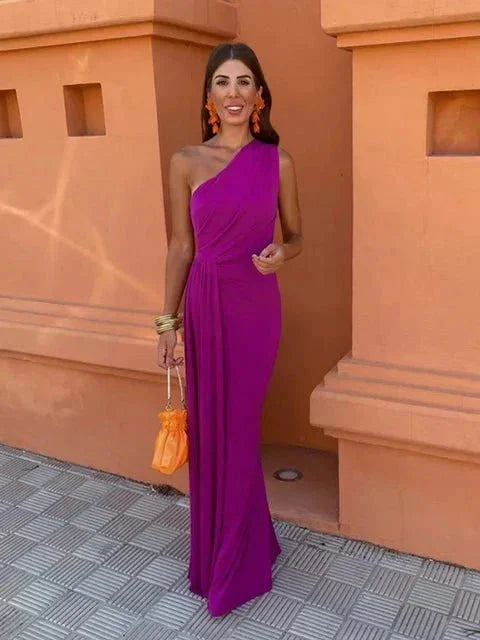 Flattering one-shoulder ruched maxi dress for women, with elegant drape, ideal for special occasions.