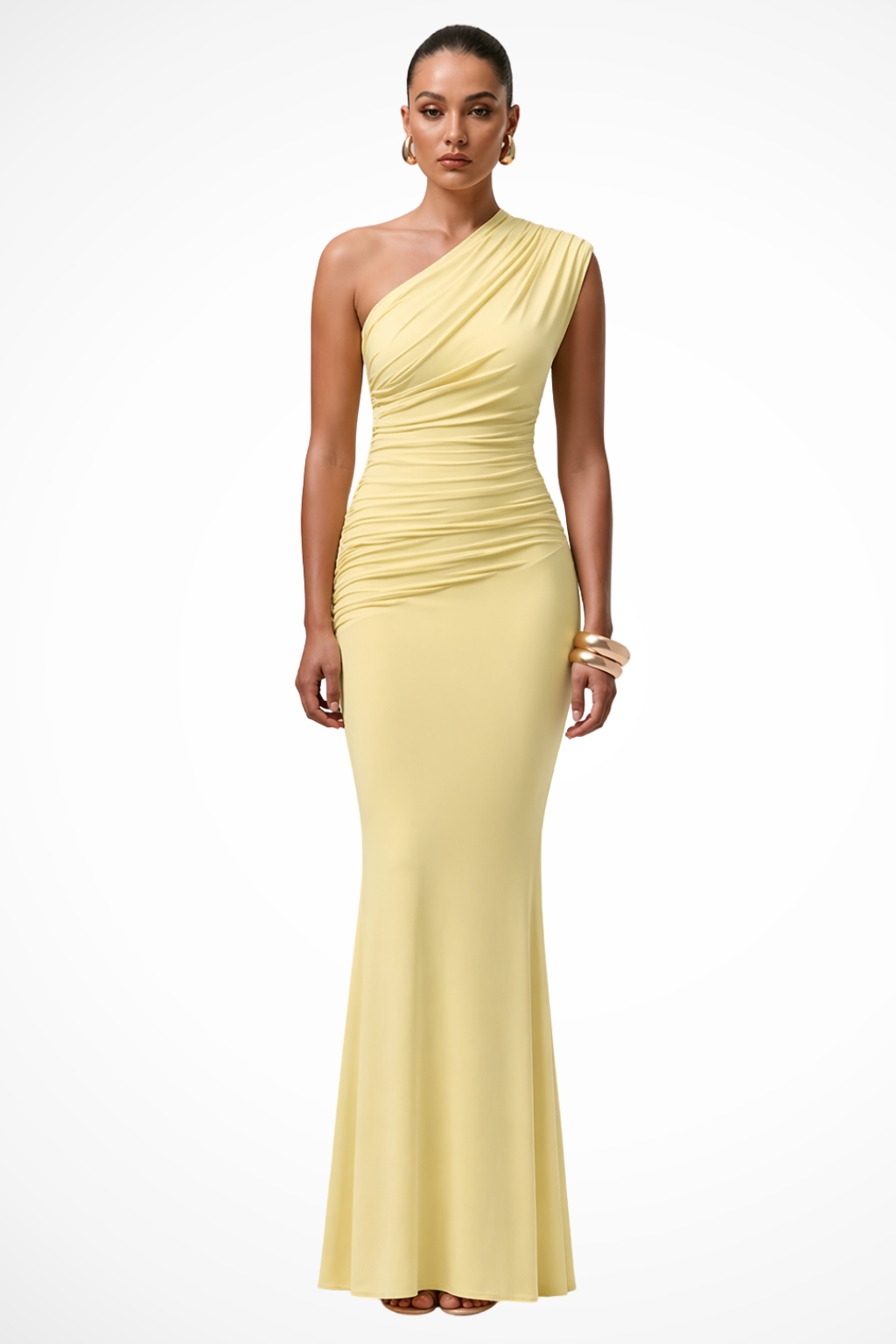 Chic one shoulder ruched fitted maxi dress for women, ideal for evening wear & special occasions.
