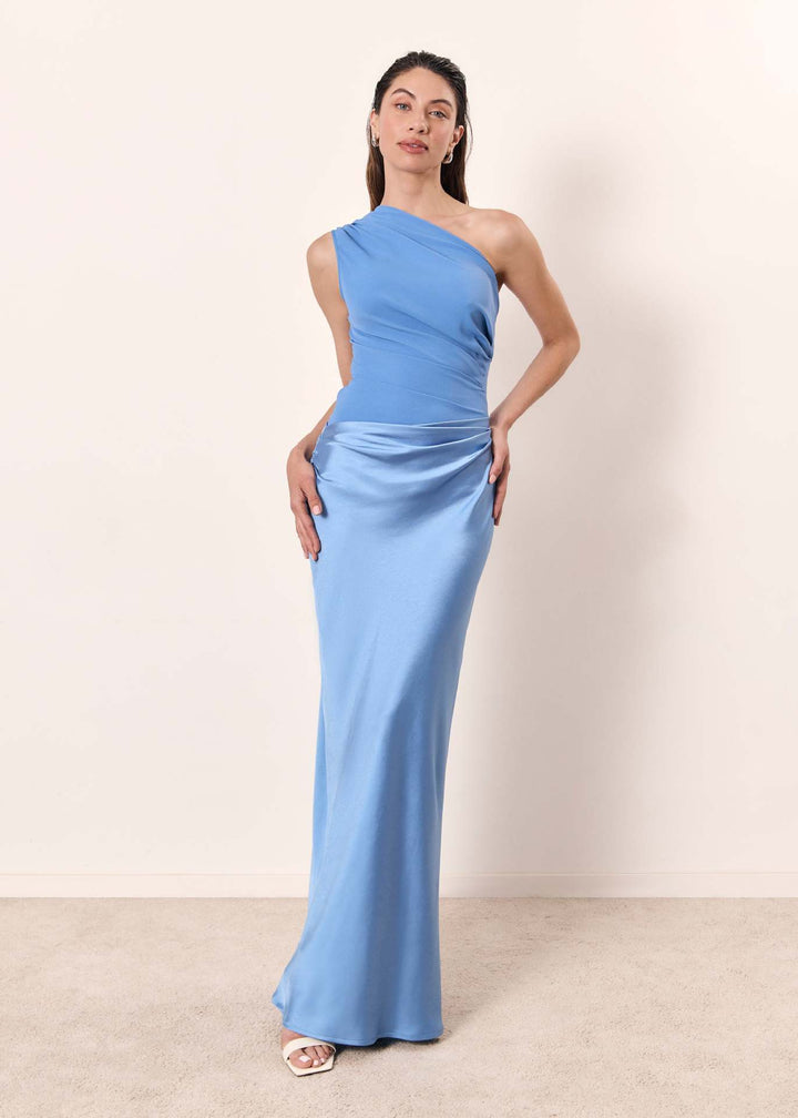 Women's formal one-shoulder ruched maxi gown, an elegant long dress suitable for wedding guests.