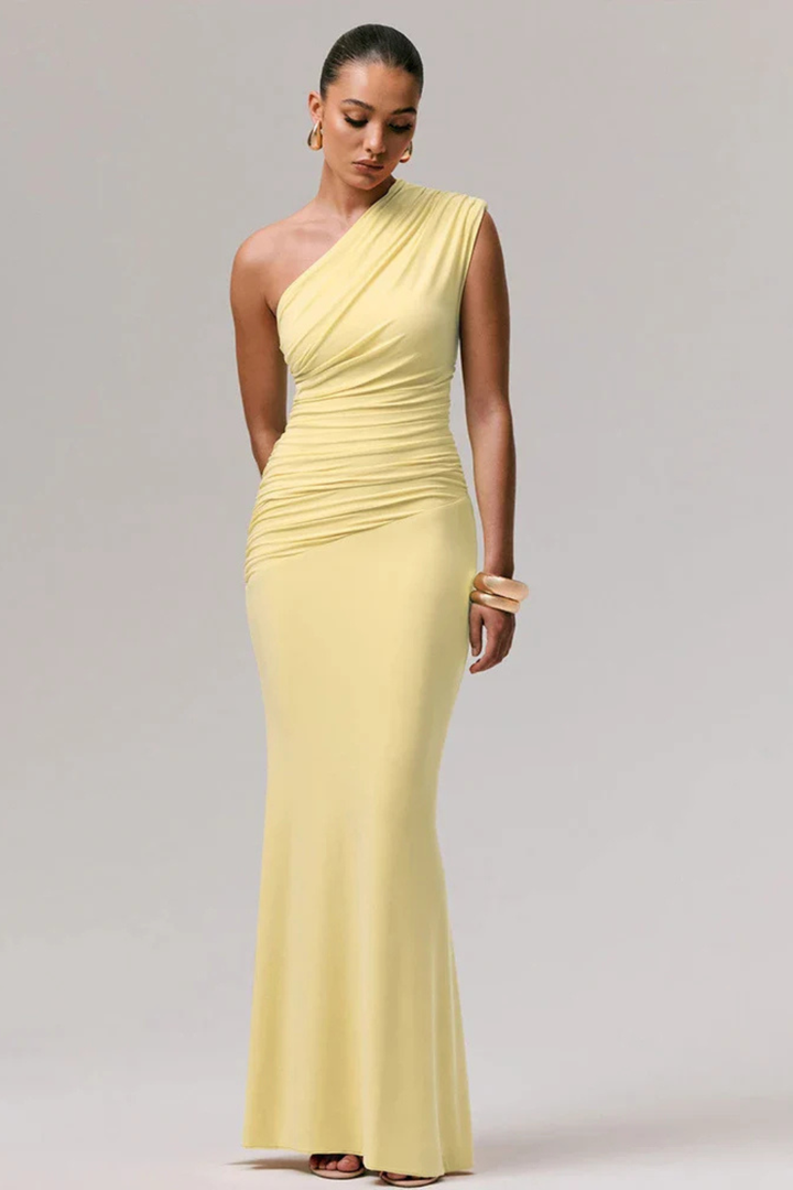 Stunning women's one shoulder ruched formal maxi dress, a sophisticated choice for graduation.