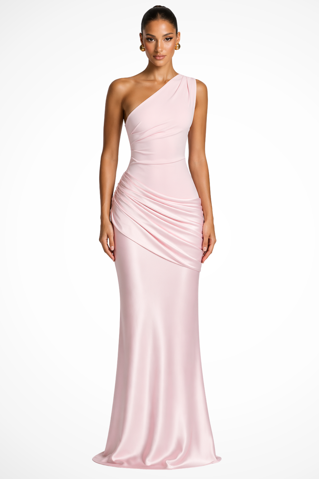 Beautiful women's one-shoulder ruched maxi gown, an elegant choice for a wedding guest or evening party.
