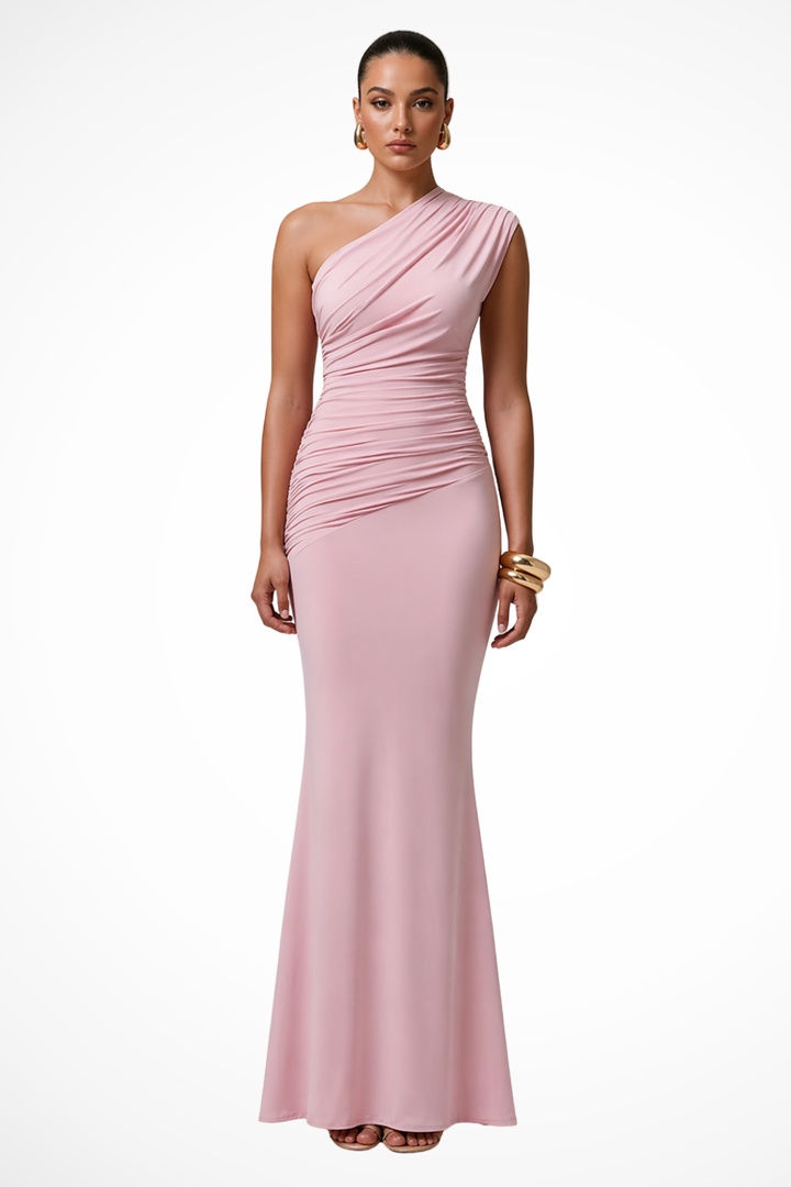 Women's graduation one shoulder maxi dress with elegant ruching, a stylish formal event attire.