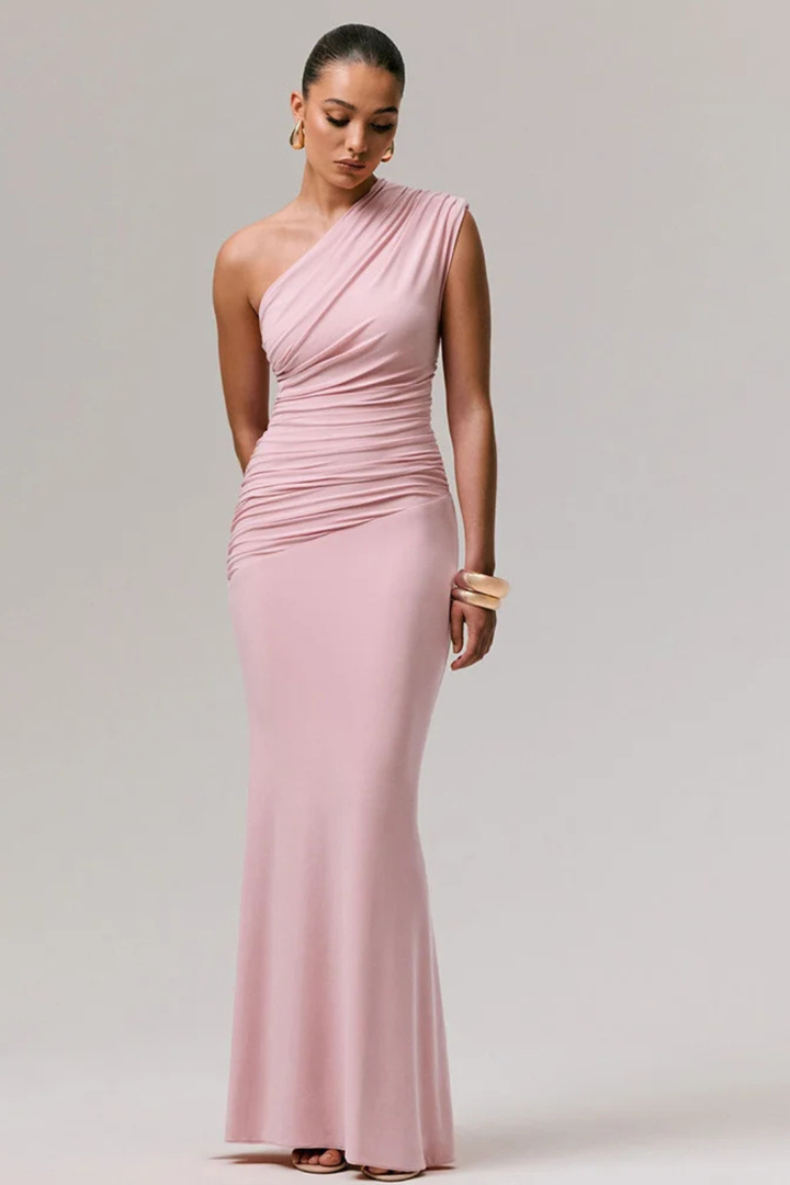 Fashionable women's one shoulder ruched maxi dress, a fitted and elegant choice for formal events.