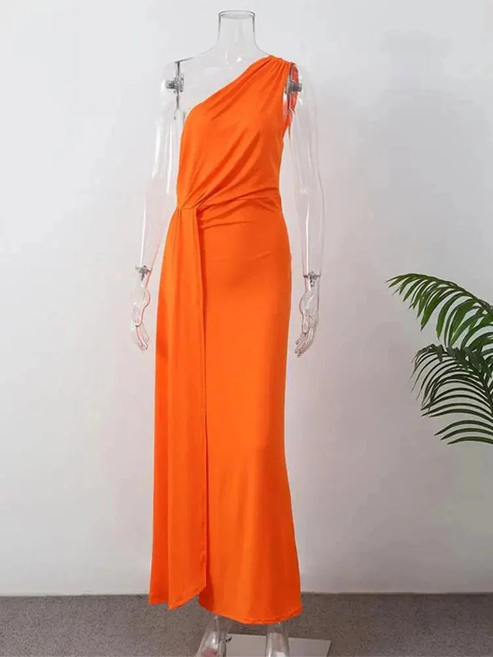 Chic one-shoulder ruched maxi dress for women. Ideal wedding guest attire or formal evening wear.