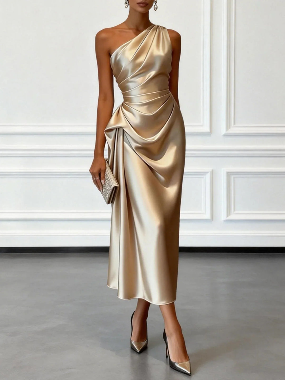 Elegant women's one-shoulder ruched midi sheath dress in black.
