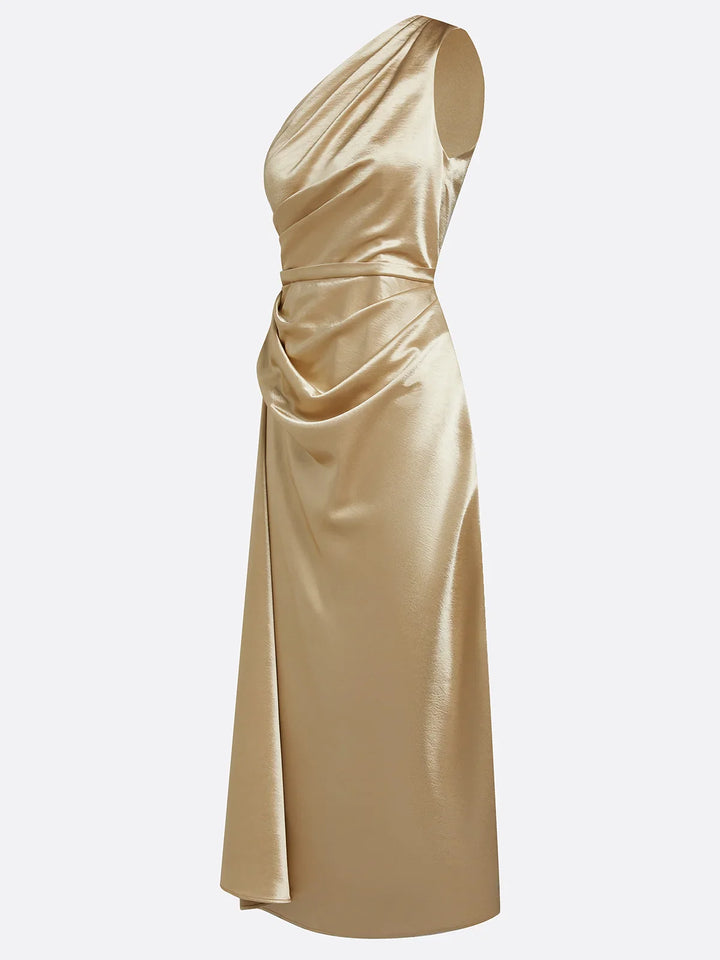 Women's elegant one-shoulder ruched dress, ideal for ceremonies.