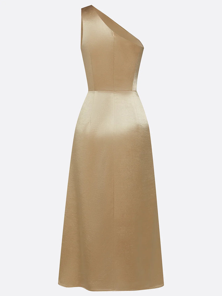 Sophisticated midi sheath dress with an alluring one-shoulder cut.