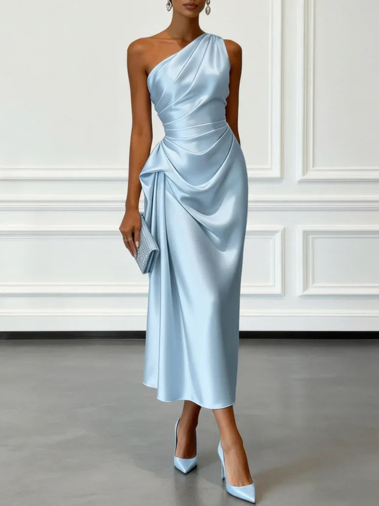 Chic one-shoulder ruched midi dress, perfect for wedding guests.