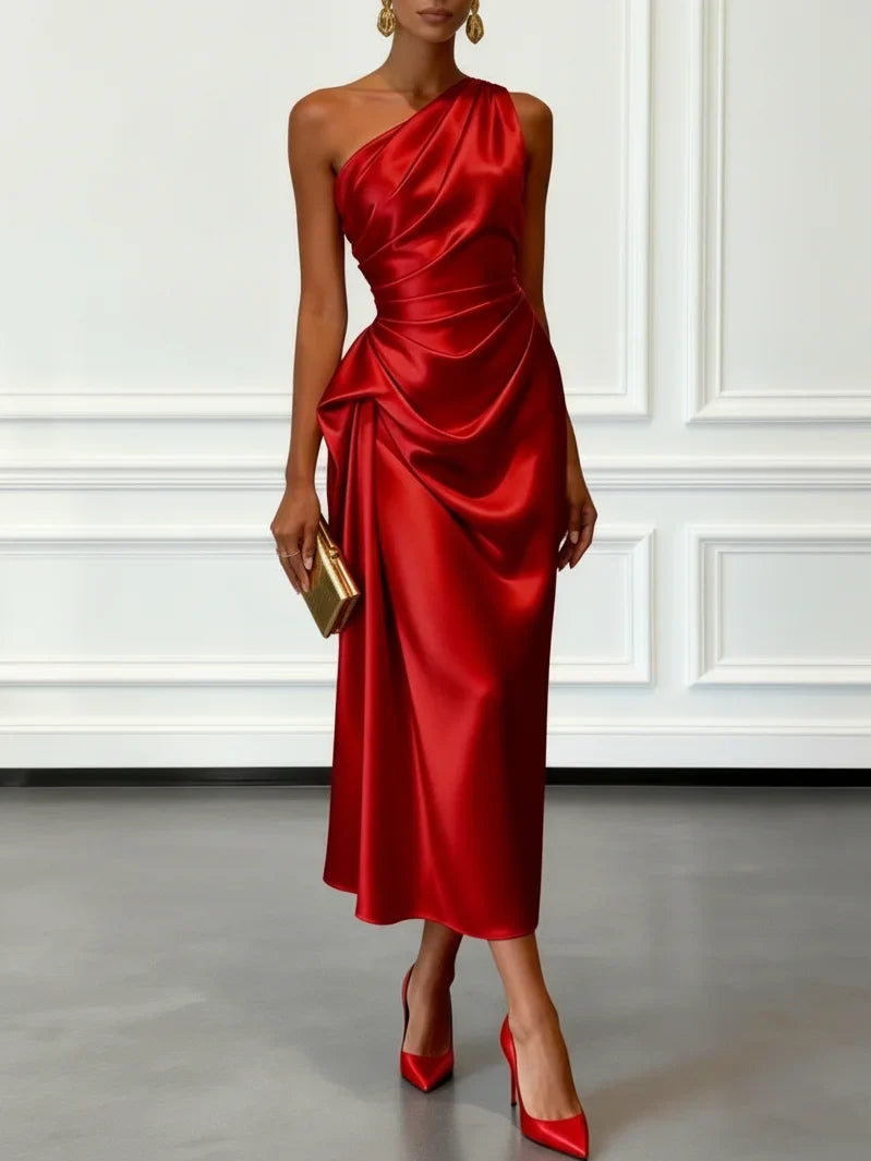 Women's special occasion dress: one-shoulder ruched midi sheath.