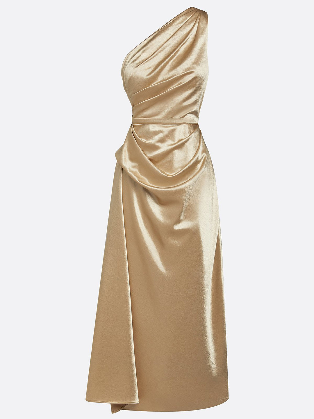 Beautiful ruched one-shoulder midi dress for elegant events.