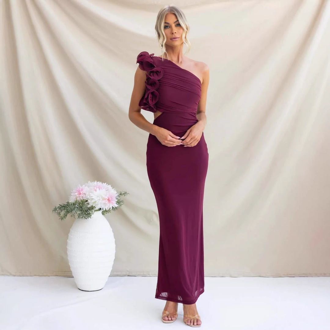 Sophisticated women's ruffled one-shoulder formal maxi gown, suitable for elegant parties & wedding guests.