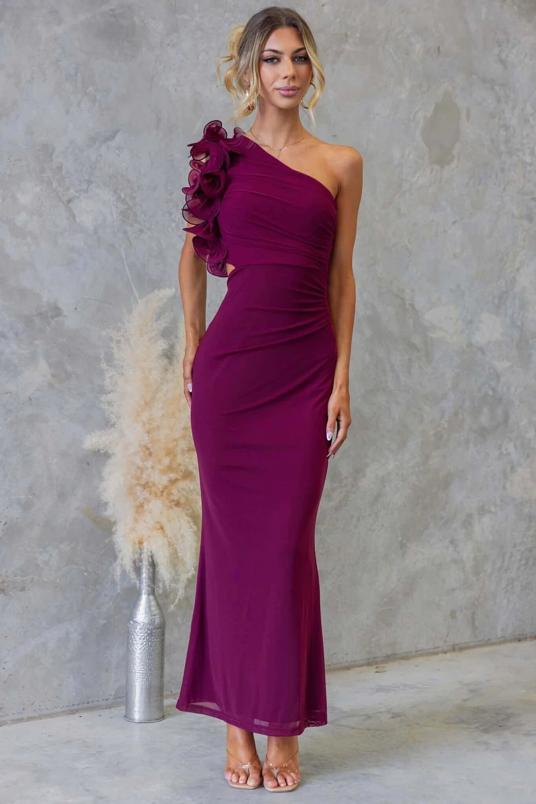 Women's one-shoulder neckline of a formal maxi dress, chic and elegant for wedding guests & evening parties.
