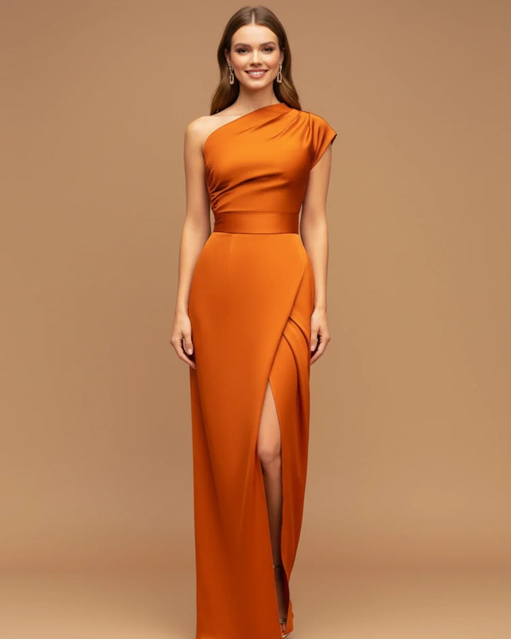 Elegant women's one-shoulder wrap maxi dress with a stylish slit, perfect for wedding guests & formal events.