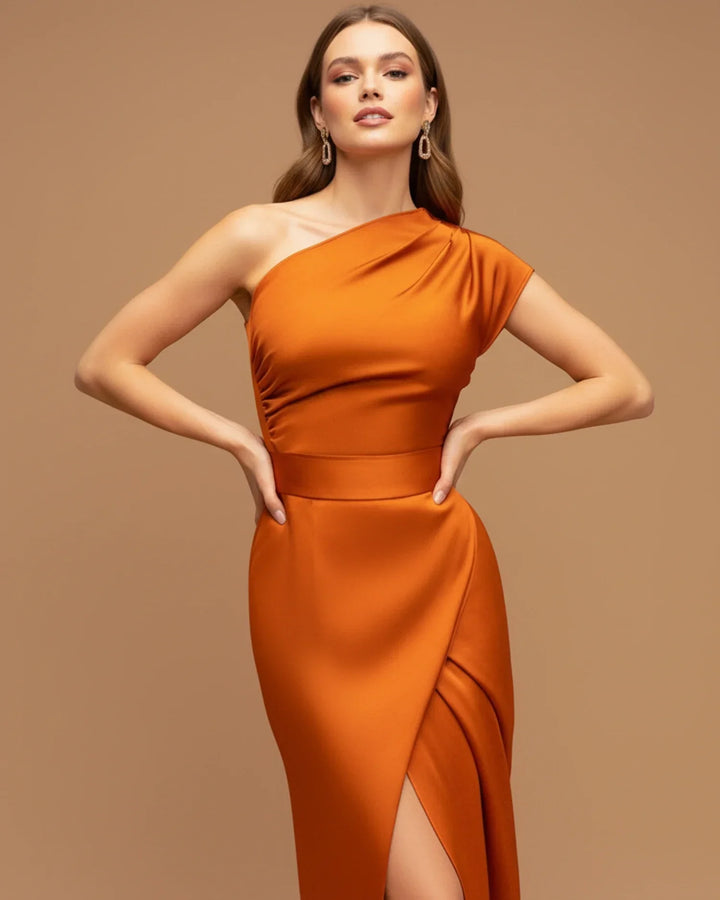Chic one-shoulder maxi dress for women, featuring a flattering wrap design & high slit, ideal as a party or evening dress.