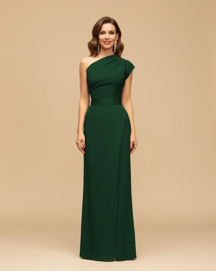 Stylish one-shoulder slit wrap maxi dress, an elegant formal evening gown for women attending special occasions.