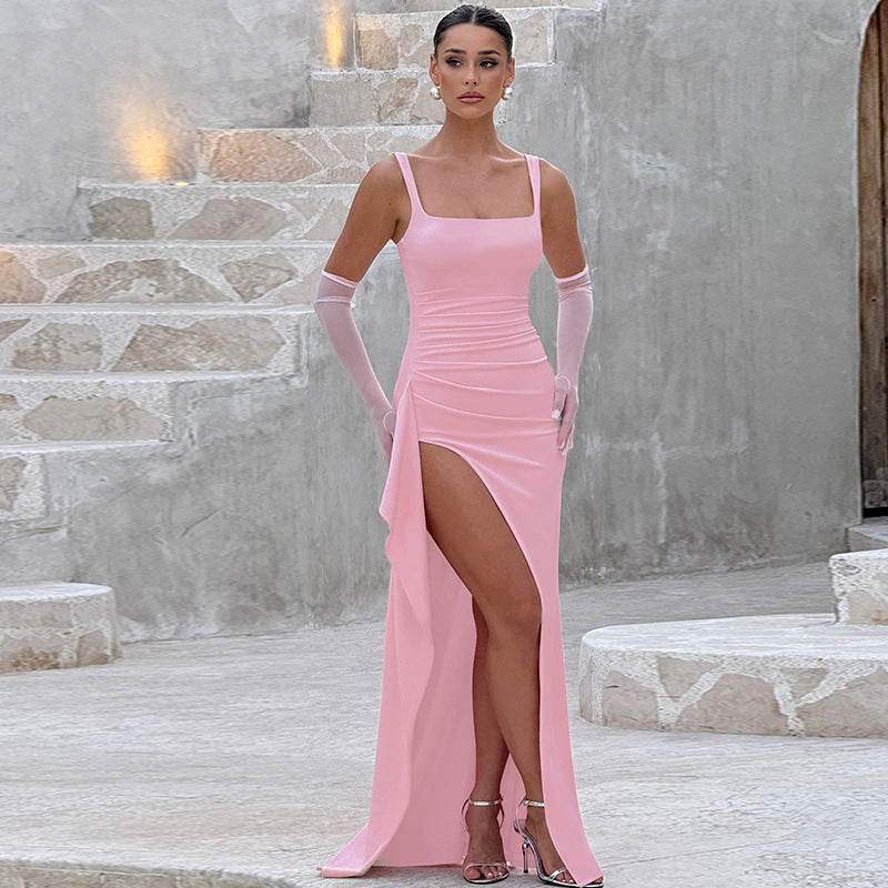 Women's sophisticated open back maxi dress. A long, flowing, elegant choice for evening events.
