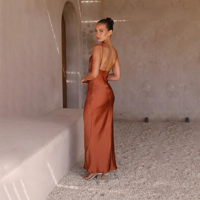 Sophisticated women's elegant maxi dress with open back, ideal for formal gatherings & parties.