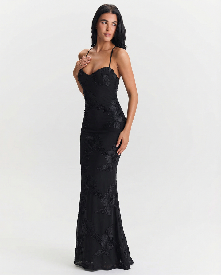 Elegant women's open back maxi evening dress, perfect for formal occasions & wedding guests. Sophisticated luxury style.