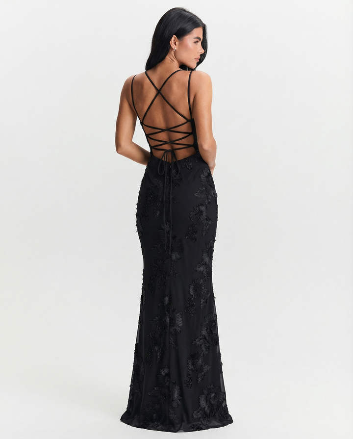 Luxury style women's elegant open back maxi dress. Strapless evening gown for formal events, a truly sophisticated look.