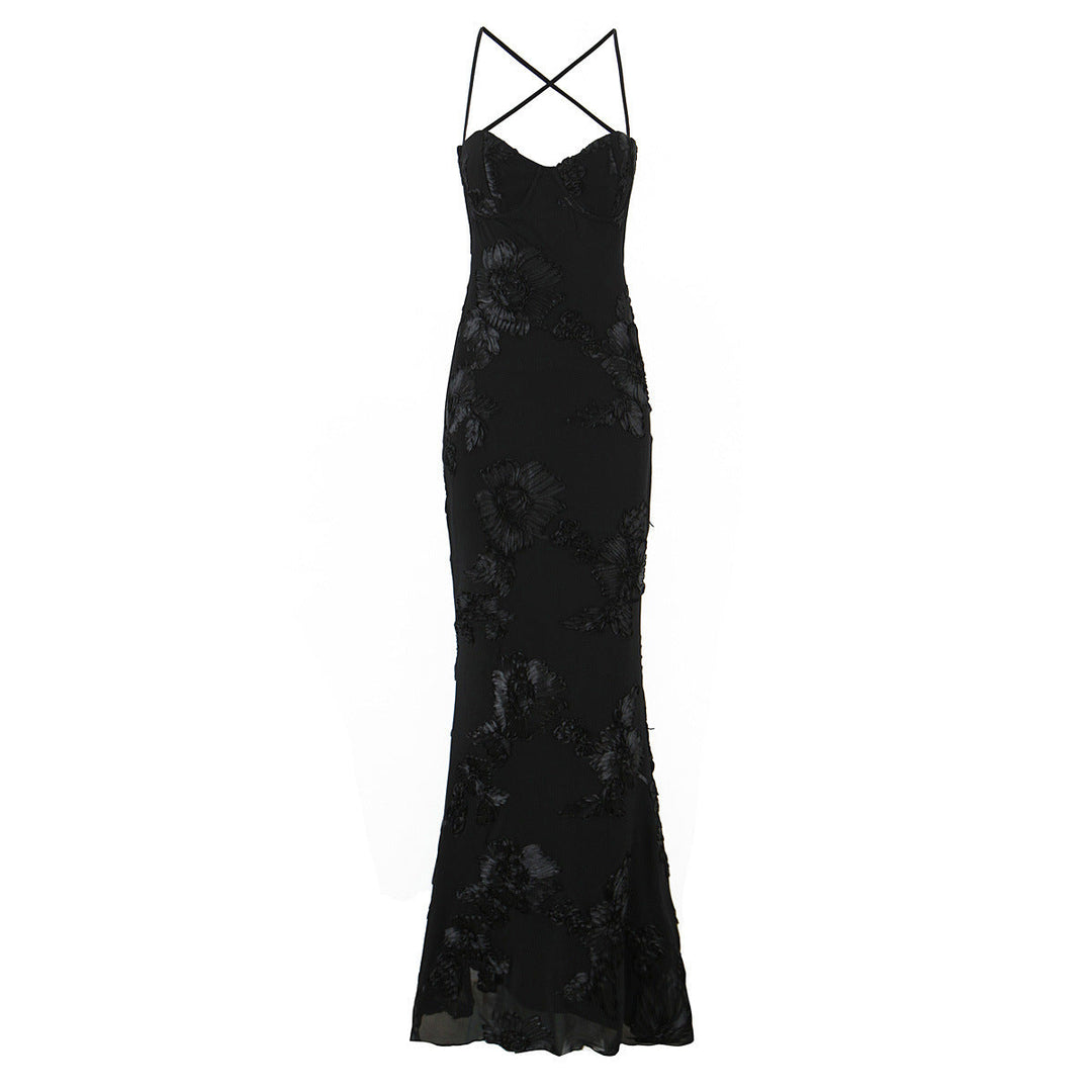 Women's elegant strapless open back maxi dress, a sophisticated evening gown for special occasions & formal parties.