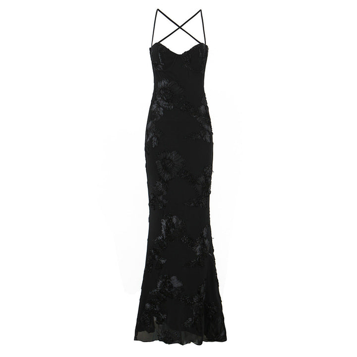 Women's elegant strapless open back maxi dress, a sophisticated evening gown for special occasions & formal parties.