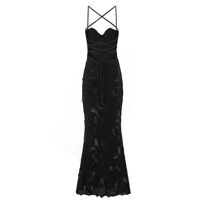 Chic women's open back maxi evening dress. Elegant formal wear, perfect wedding guest attire & special occasion gown.