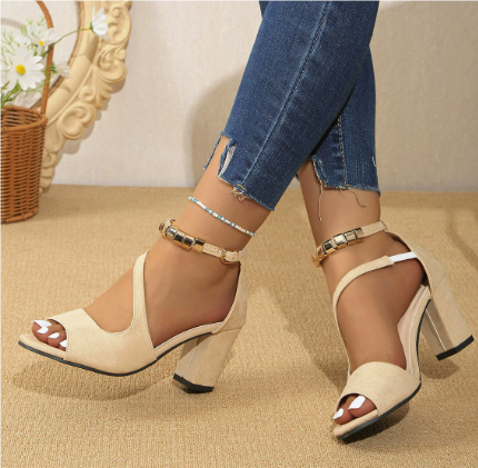 Elegant women's open toe block heels with comfortable ankle strap, perfect for all-day wear & versatile styling.