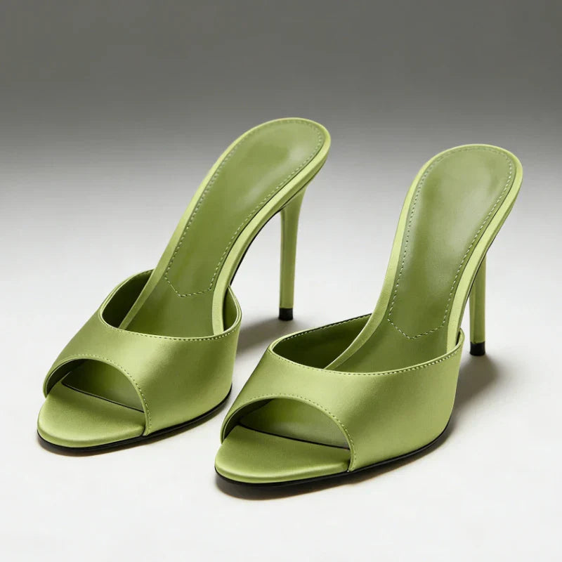 Elegant women's open toe high heel mules, slip-on style, perfect for evening wear & dress shoes.