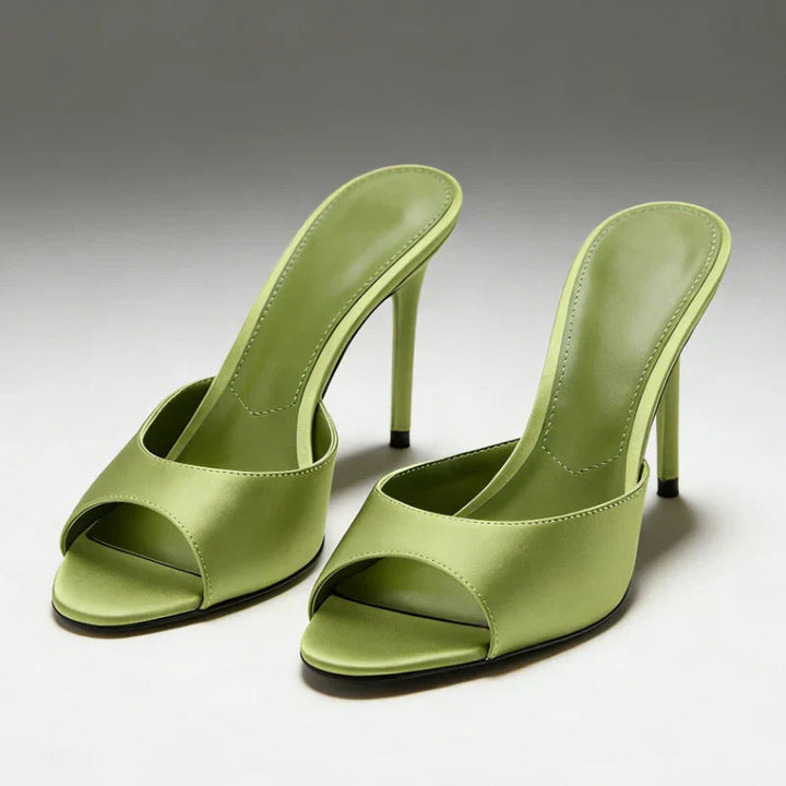 Elegant women's open toe high heel mules, slip-on style, perfect for evening wear & dress shoes.