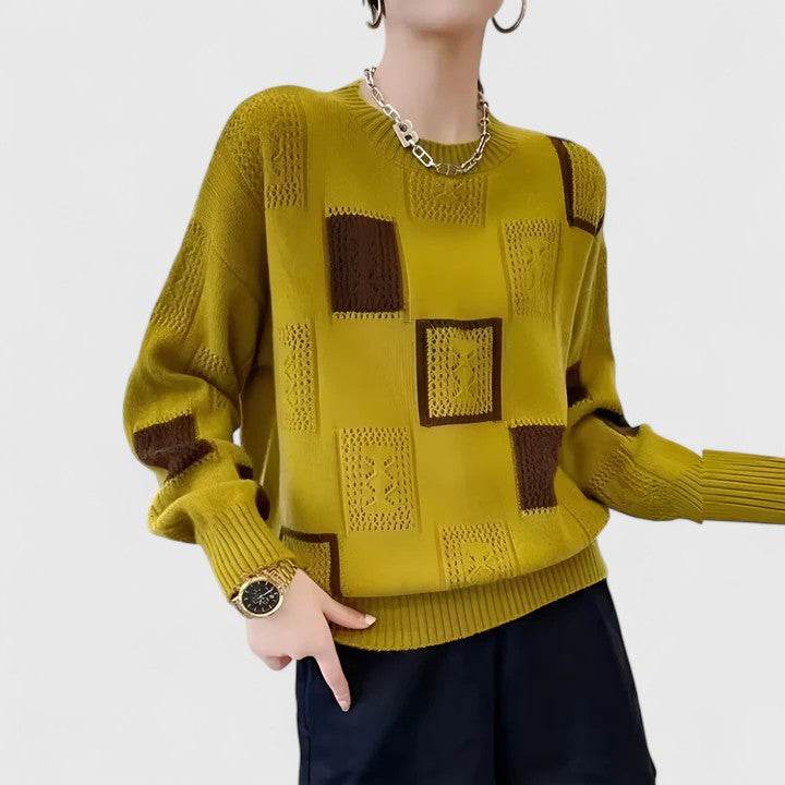 Chic women's comfortable openwork sweater, stylish round neck knit top for casual spring and winter wear.