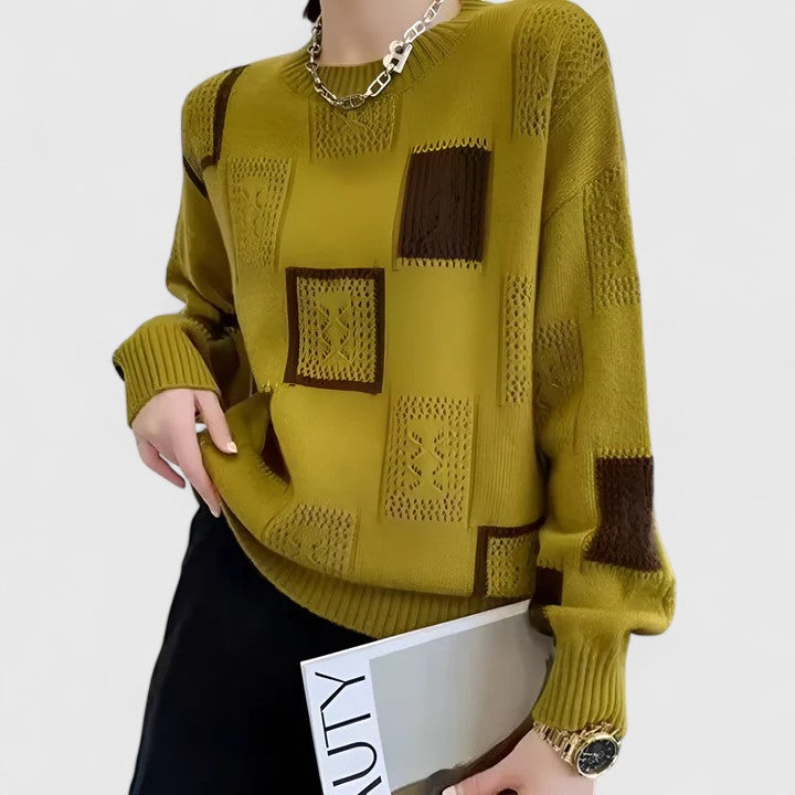 Women's chic openwork sweater, elegant round neck design, comfortable and stylish for spring/winter fashion.