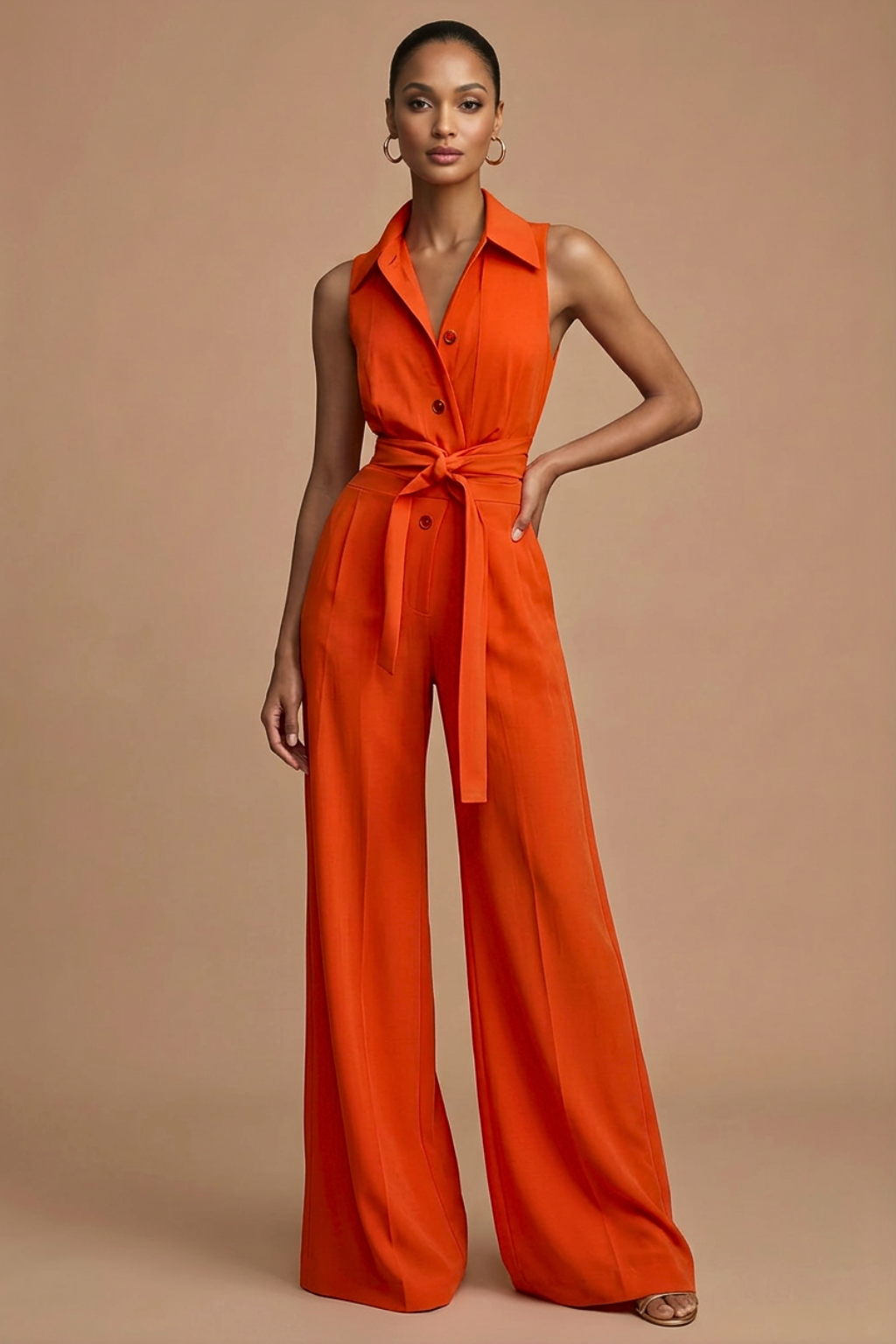 Elegant women's orange wide-leg jumpsuit with collar neck, sleeveless design, and waist tie for a chic look.