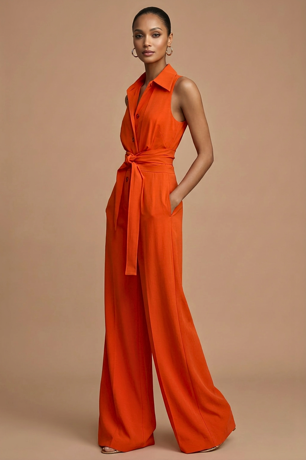 Chic women's formal wide-leg jumpsuit in orange, featuring a collar neck, button front, and flattering waist tie.
