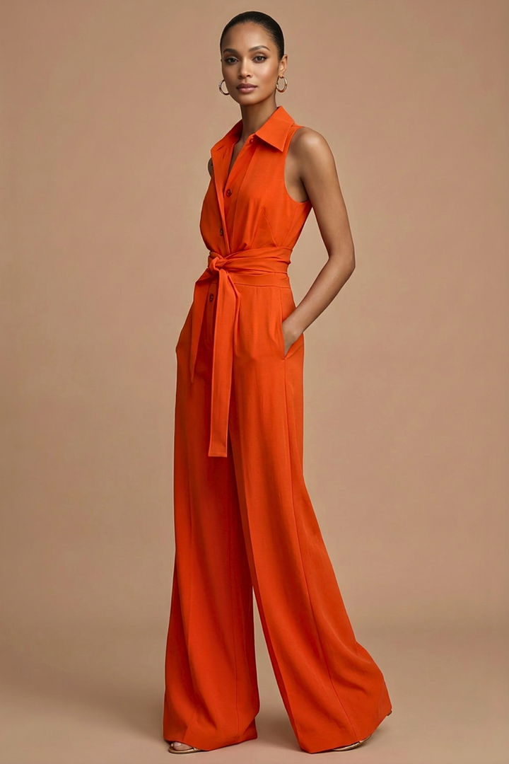 Chic women's formal wide-leg jumpsuit in orange, featuring a collar neck, button front, and flattering waist tie.
