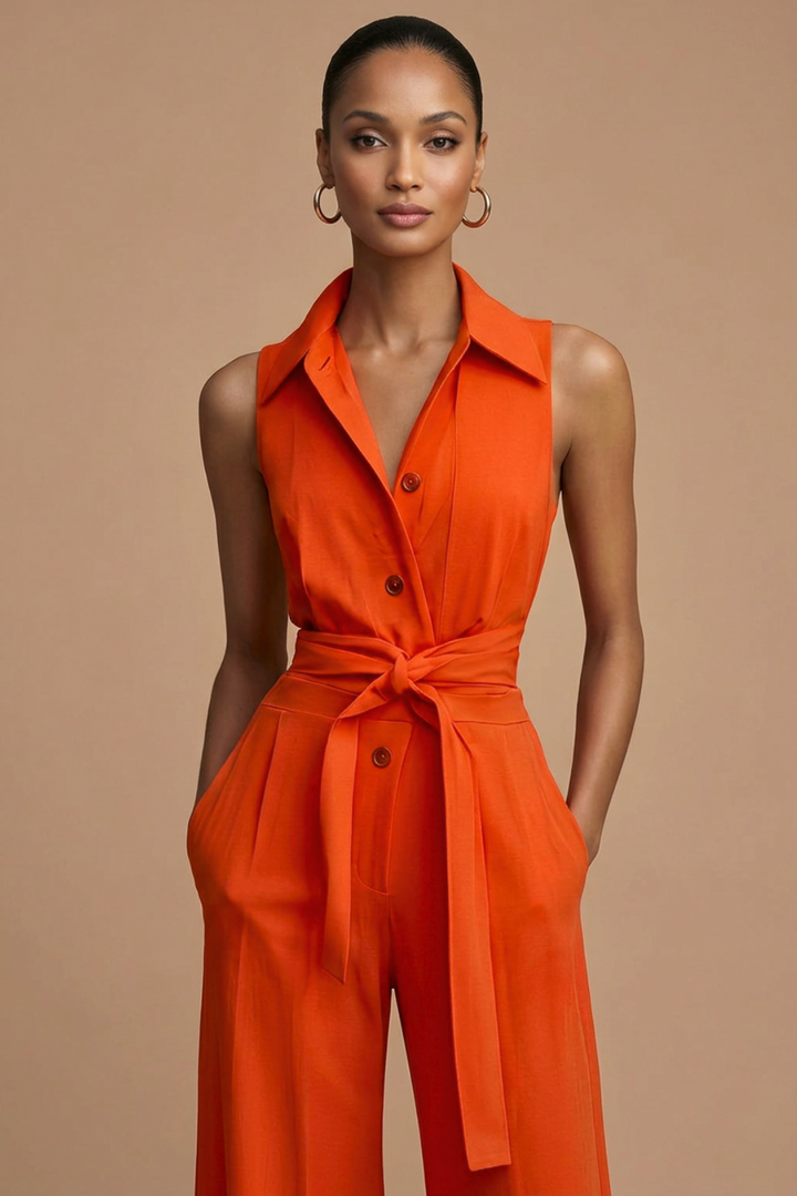 Sleeveless orange wide-leg jumpsuit for women, elegant collar neck, waist tie. Perfect for evening or special occasions.