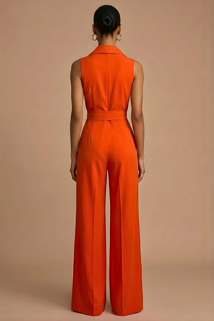 Women's elegant orange wide-leg jumpsuit with collar neck, sleeveless, and waist tie. Ideal for formal wear.