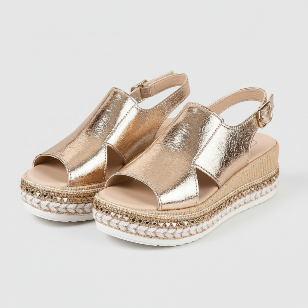 Stylish gold women's sandals, offering orthopaedic comfort and arch support. Perfect elegant footwear for summer fashion.