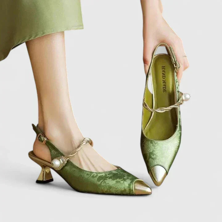 Elegant women's orthopaedic kitten heels with pearl strap, offering comfortable support for dress & evening wear.