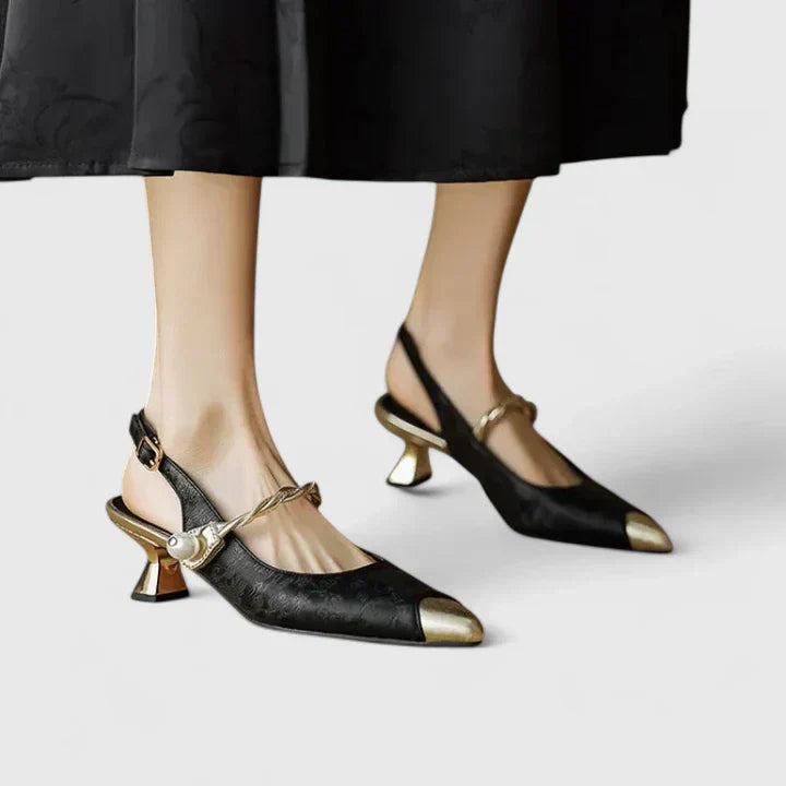 Green women's orthopaedic kitten heels with elegant pearl strap. Comfortable evening shoes for fashion-forward women.