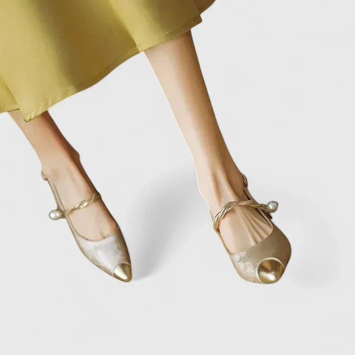 Stylish women's orthopaedic kitten heels with pearl strap. Comfortable, elegant evening & dress shoes.