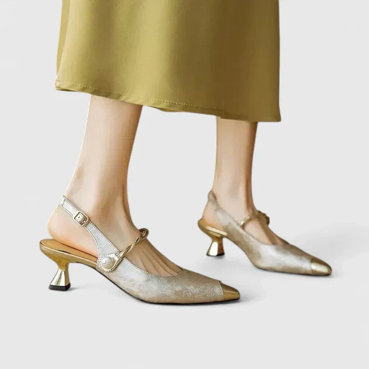 Comfortable orthopaedic women's kitten heels, elegant with pearl strap. Perfect fashion footwear for dress & evening.