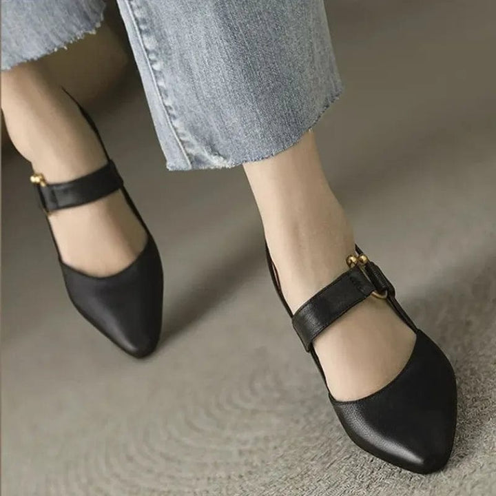 Elegant women's orthopaedic slingback heels with pointed toe & gold detail. Comfortable for work or events.
