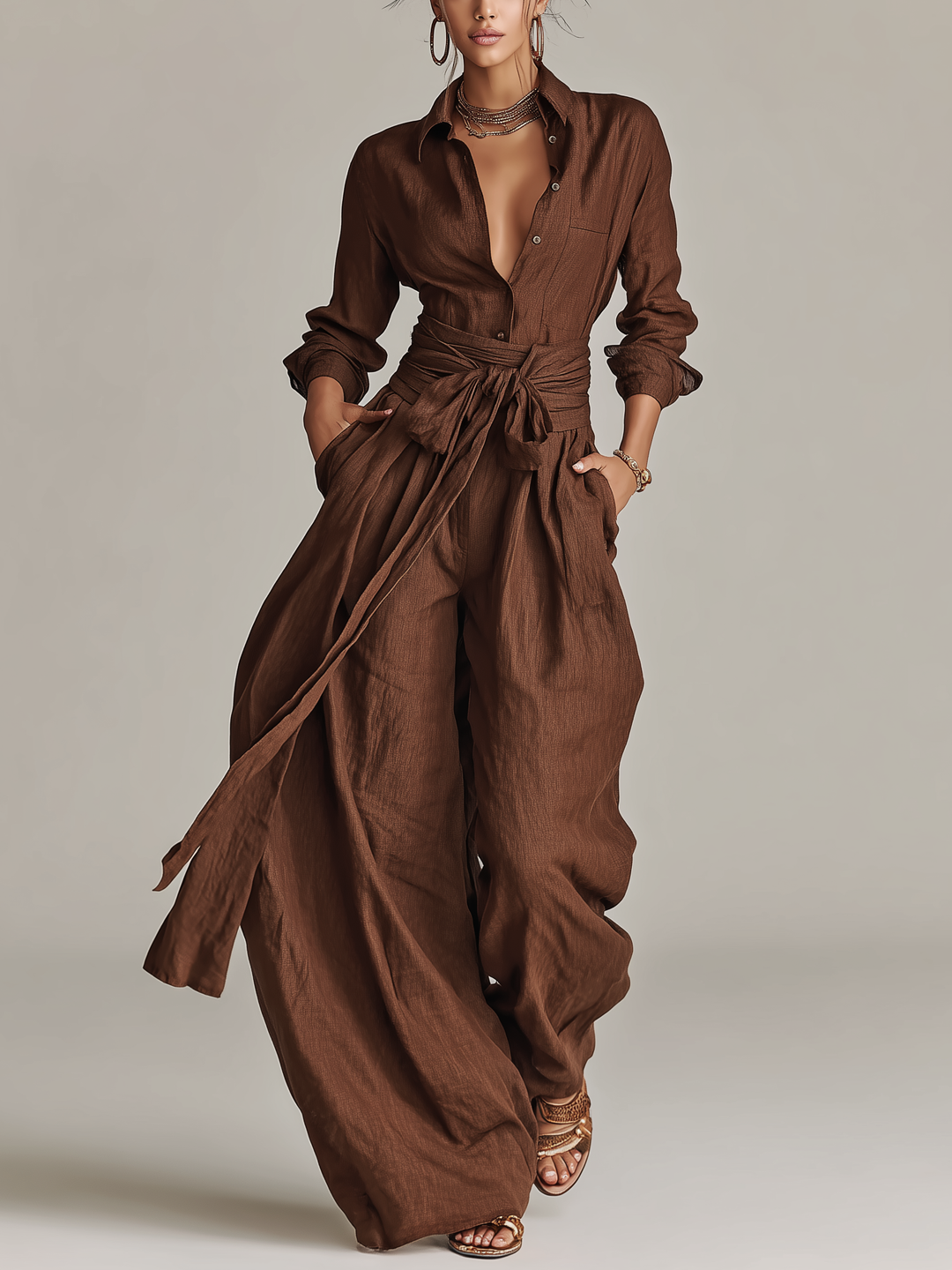 Elegant women's overlay jumpsuit with cuffed sleeves, perfect for formal events or smart casual wear.