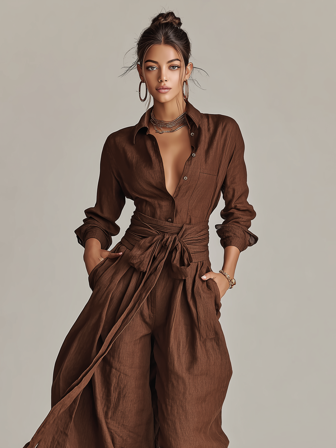 Chic women's one-piece cuffed sleeve jumpsuit, floor-length & versatile for elegant evenings or daytime sophistication.