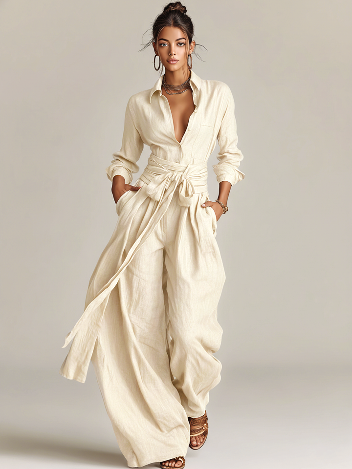 Full-length women's elegant cuffed sleeve overlay jumpsuit, suitable for formal events and chic gatherings.