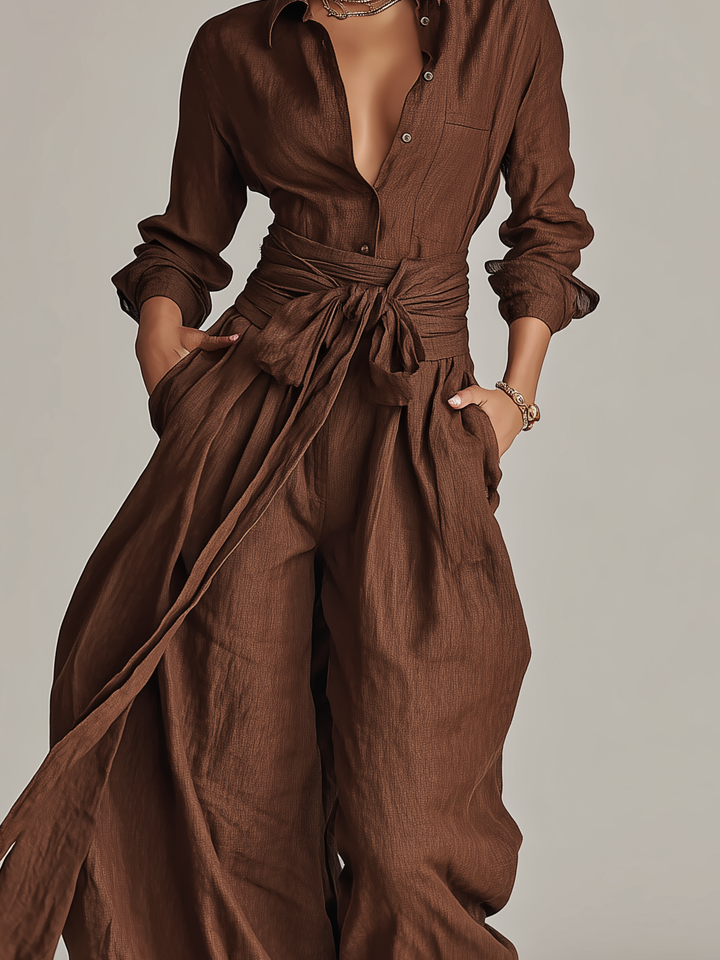 Womens elegant cuffed sleeve overlay jumpsuit. Versatile, floor-length formal wear for smart casual women.