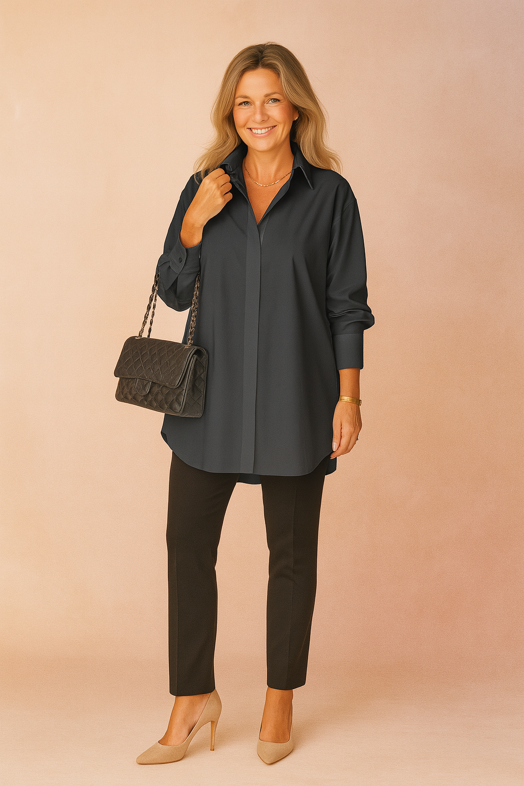 Chic women's oversized button-up shirt, an elegant long sleeve blouse for modern workwear & office fashion.